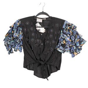 1980s VTG Beaded Crop Top S Puffy Ruffle Sleeves Shirt NEW Black Blue Floral Tie